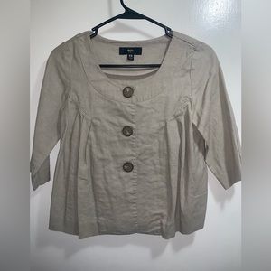 Mossimo Blouse Womens XS Pleated Button Up Beige with Gold Tone 3/4 Sleeve Linen